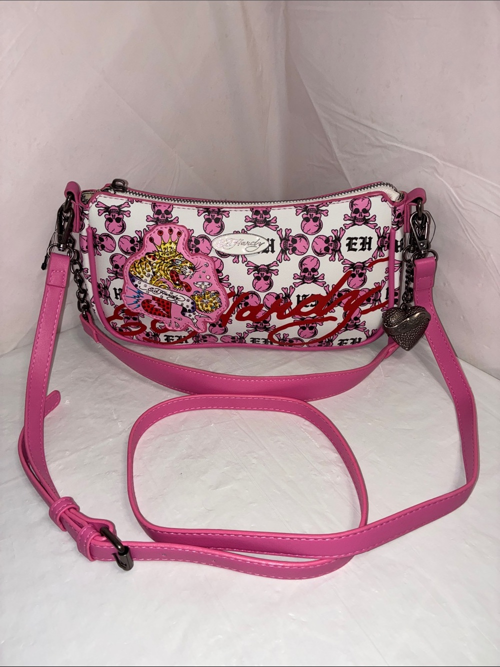 Ed Hardy Pink Tattoo-Print Crossbody Bag with Heart Charm